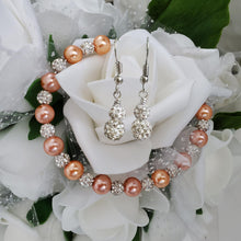 Load image into Gallery viewer, Handmade pearl and pave crystal rhinestone bracelet accompanied by a pair of crystal drop earrings, powder orange and silver or custom color - Pearl Set - Bracelet Set - Earring Set - Pearl Jewelry Set