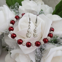 Load image into Gallery viewer, Handmade pearl and pave crystal rhinestone bracelet accompanied by a pair of crystal drop earrings, bordeaux red and silver or custom color - Pearl Set - Bracelet Set - Earring Set - Pearl Jewelry Set