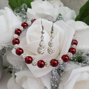Handmade pearl and pave crystal rhinestone bracelet accompanied by a pair of crystal drop earrings, bordeaux red and silver or custom color - Pearl Set - Bracelet Set - Earring Set - Pearl Jewelry Set