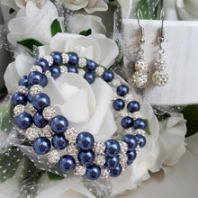Load image into Gallery viewer, Handmade pave crystal rhinestone and pearl expandable, multi-layer, wrap bracelet accompanied by a pair of crystal drop earrings - dark blue or custom color - Pearl Bracelet Set - Bracelet and Earrings - Bride Gift