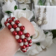 Load image into Gallery viewer, Handmade pave crystal rhinestone and pearl expandable, multi-layer, wrap bracelet accompanied by a pair of crystal drop earrings - bordeaux red or custom color - Pearl Bracelet Set - Bracelet and Earrings - Bride Gift
