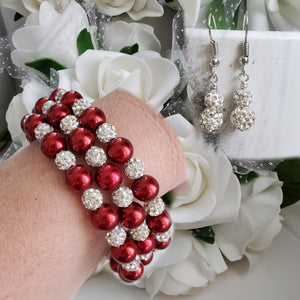 Handmade pave crystal rhinestone and pearl expandable, multi-layer, wrap bracelet accompanied by a pair of crystal drop earrings - bordeaux red or custom color - Pearl Bracelet Set - Bracelet and Earrings - Bride Gift