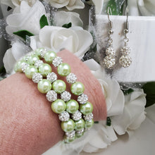 Load image into Gallery viewer, Handmade pave crystal rhinestone and pearl expandable, multi-layer, wrap bracelet accompanied by a pair of crystal drop earrings - light green or custom color - Pearl Bracelet Set - Bracelet and Earrings - Bride Gift