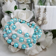 Load image into Gallery viewer, Handmade pave crystal rhinestone and pearl expandable, multi-layer, wrap bracelet accompanied by a pair of crystal drop earrings - aquamarine blue or custom color - Pearl Bracelet Set - Bracelet and Earrings - Bride Gift