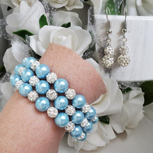 Load image into Gallery viewer, Handmade pave crystal rhinestone and pearl expandable, multi-layer, wrap bracelet accompanied by a pair of crystal drop earrings - light blue or custom color - Pearl Bracelet Set - Bracelet and Earrings - Bride Gift