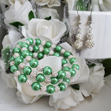 Load image into Gallery viewer, Handmade pave crystal rhinestone and pearl expandable, multi-layer, wrap bracelet accompanied by a pair of crystal drop earrings - green or custom color - Pearl Bracelet Set - Bracelet and Earrings - Bride Gift