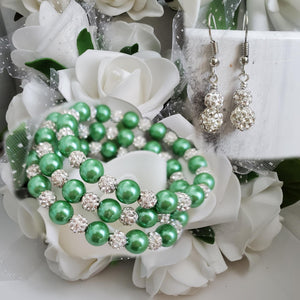 Handmade pave crystal rhinestone and pearl expandable, multi-layer, wrap bracelet accompanied by a pair of crystal drop earrings - green or custom color - Pearl Bracelet Set - Bracelet and Earrings - Bride Gift