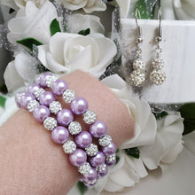 Load image into Gallery viewer, Handmade pave crystal rhinestone and pearl expandable, multi-layer, wrap bracelet accompanied by a pair of crystal drop earrings - lavender purple or custom color - Pearl Bracelet Set - Bracelet and Earrings - Bride Gift