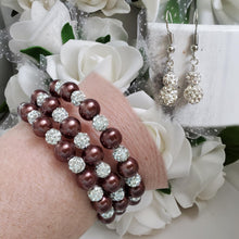Load image into Gallery viewer, Handmade pave crystal rhinestone and pearl expandable, multi-layer, wrap bracelet accompanied by a pair of crystal drop earrings - chocolate brown or custom color - Pearl Bracelet Set - Bracelet and Earrings - Bride Gift