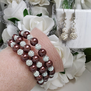 Handmade pave crystal rhinestone and pearl expandable, multi-layer, wrap bracelet accompanied by a pair of crystal drop earrings - chocolate brown or custom color - Pearl Bracelet Set - Bracelet and Earrings - Bride Gift