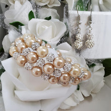 Load image into Gallery viewer, Handmade pave crystal rhinestone and pearl expandable, multi-layer, wrap bracelet accompanied by a pair of crystal drop earrings - champagne or custom color - Pearl Bracelet Set - Bracelet and Earrings - Bride Gift