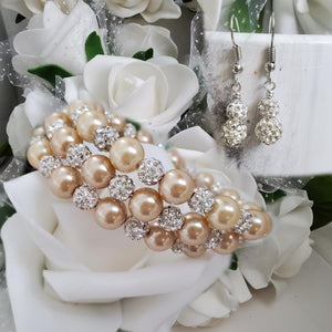 Handmade pave crystal rhinestone and pearl expandable, multi-layer, wrap bracelet accompanied by a pair of crystal drop earrings - champagne or custom color - Pearl Bracelet Set - Bracelet and Earrings - Bride Gift