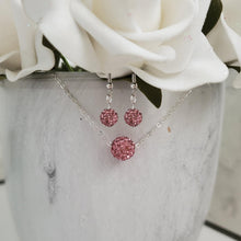 Load image into Gallery viewer, handmade floating pave crystal necklace accompanied by a pair of dangling earrings - rosaline or custom color - Crystal Jewelry Set - Necklace And Earring Set