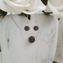 Load image into Gallery viewer, handmade floating pave crystal necklace accompanied by a pair of dangling earrings - black diamond or custom color - Crystal Jewelry Set - Necklace And Earring Set