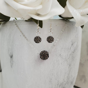 handmade floating pave crystal necklace accompanied by a pair of dangling earrings - black diamond or custom color - Crystal Jewelry Set - Necklace And Earring Set