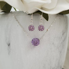 Load image into Gallery viewer, handmade floating pave crystal necklace accompanied by a pair of dangling earrings - violet or custom color - Crystal Jewelry Set - Necklace And Earring Set