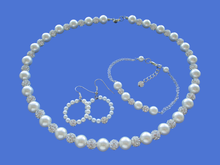 Load image into Gallery viewer, Jewelry Sets - Proposal Bridesmaids - Pearl Set - handmade pearl and crystal necklace accompanied by a bar bracelet and a pair of hoop drop earrings, silver and white or silver and custom color