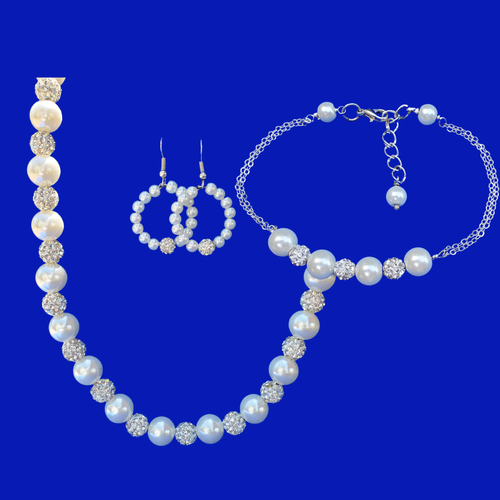 Jewelry Sets - Proposal Bridesmaids - Pearl Set - handmade pearl and crystal necklace accompanied by a bar bracelet and a pair of hoop drop earrings, white and silver or silver and custom color