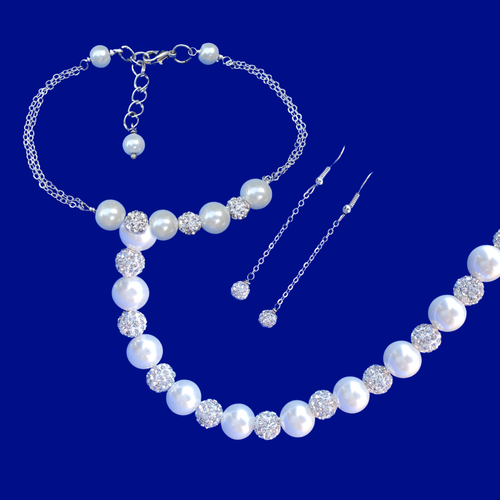 handmade pearl and crystal necklace accompanied by a bar bracelet and crystal drop earrings - Jewelry Set - Maid Of Honor Gift - Bridal Gifts