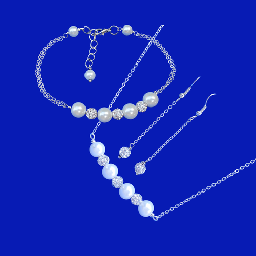Pearl Jewelry Set - Bridal Sets - Jewelry Sets - A handmade pearl and crystal bar necklace accompanied by a matching bracelet and a pair of crystal drop earrings. white and silver or custom color