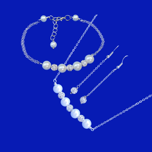 Pearl Jewelry Set - Bridal Sets - Jewelry Sets - A handmade pearl and crystal bar necklace accompanied by a matching bracelet and a pair of crystal drop earrings. white and silver or custom color