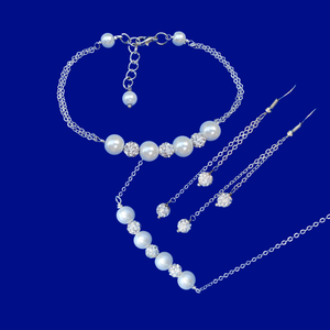 Jewelry Sets - Bridesmaid Gift Ideas - Bridal Sets - handmade pearl and crystal bar necklace accompanied by a matching bracelet and a pair of crystal multi-strand drop earrings, white and silver or silver and custom color