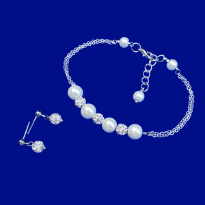 Bracelet Sets - Maid Of Honor Gift - Bridal Gifts - handmade pearl and crystal bar bracelet accompanied by a pair of crystal stud earrings, white and silver clear or silver clear and custom color