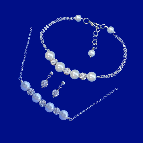 handmade pearl and crystal bar bracelet accompanied by a matching bracelet and a pair of crystal stud earrings, white or custom color - Bridesmaid Gift - Jewelry Sets - Maid Of Honor Gift