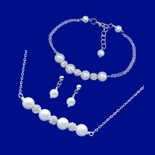 handmade pearl and crystal bar necklace accompanied by a matching bracelet and a pair of pearl stud earrings, white or custom color - Jewelry Sets - Bridal Party Gifts - Proposal Bridesmaids