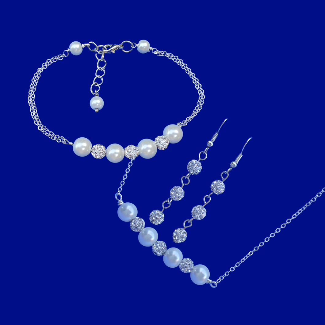 pearl and crystal bar necklace accompanied by a matching bracelet and crystal drop earrings, white or custom color - Jewelry Sets - Bridal Jewellery Set - Pearl Set