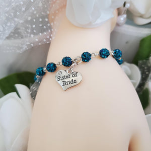Handmade Sister of the Bride pave crystal rhinestone link charm bracelet - blue zircon or custom color - Sister of the Groom Bracelet - Bridal Bracelet