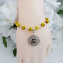 Load image into Gallery viewer, Handmade Sister of the Groom pave crystal rhinestone link charm bracelet - citrine (yellow) or custom color - Sister of the Groom Bracelet - Bridal Bracelet
