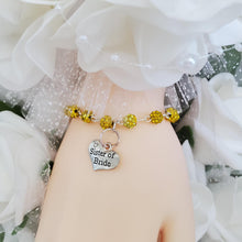 Load image into Gallery viewer, Handmade Sister of the Bride pave crystal rhinestone link charm bracelet - citrine (yellow) or custom color - Sister of the Groom Bracelet - Bridal Bracelet