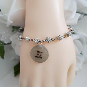 Handmade Sister of the Groom pave crystal rhinestone link charm bracelet - silver clear or custom color - Sister of the Groom Bracelet - Bridal Bracelet