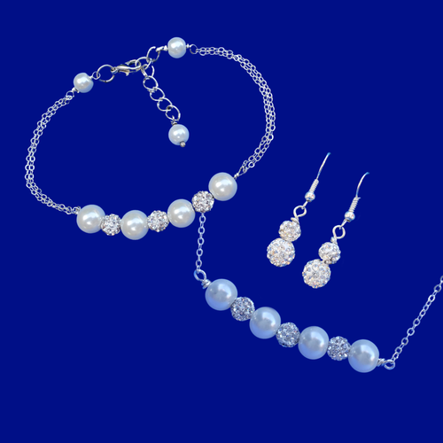 handmade pearl and crystal bar necklace accompanied by a matching bracelet and a pair of crystal drop earrings