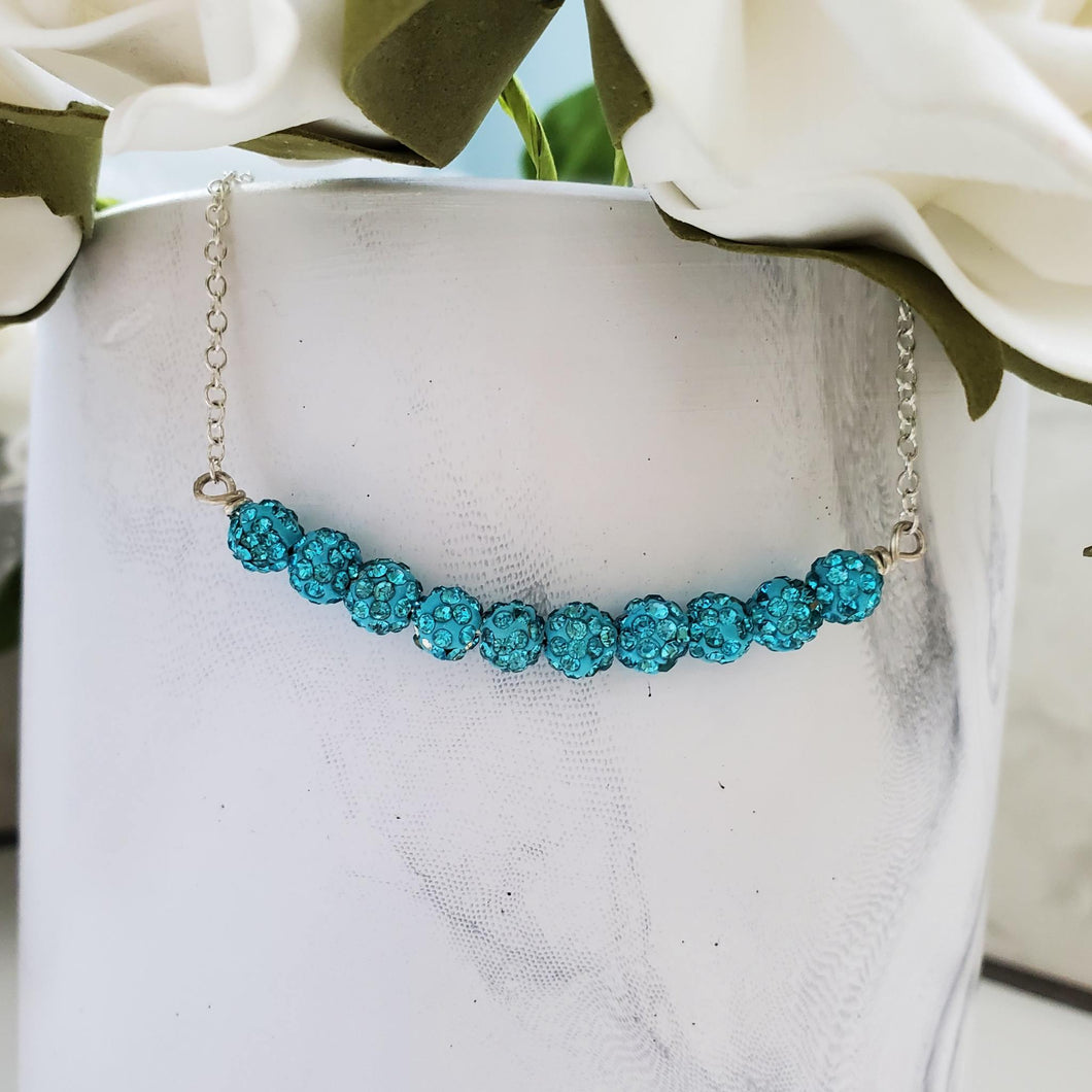 Handmade pave crystal rhinestone bar necklace, aquamarine blue or custom color - Necklaces - Bridal Gifts - Bridal Party Gifts