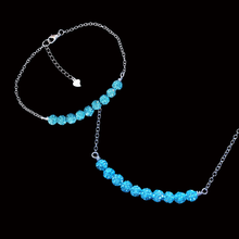 Load image into Gallery viewer, A handmade crystal bar necklace accompanied by a matching bar bracelet. aquamarine blue or custom color