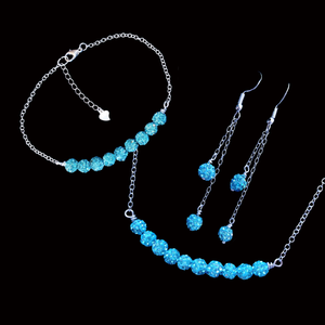 Necklace Set - Wedding Set - Jewelry Sets, handmade crystal bar necklace accompanied by a matching bracelet and a pair of multi-strand drop earrings, aquamarine blue or custom color