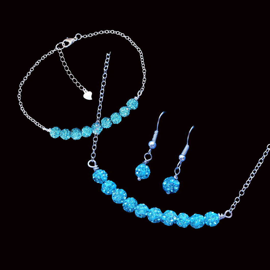Necklace Set - Jewelry Set, handmade bar necklace accompanied by a matching bracelet and a pair of earrings, aquamarine blue or custom color