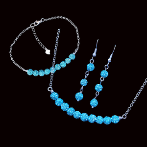 Bridal Party Gifts - Jewelry Set - Necklace Set, handmade crystal bar necklace accompanied by a matching bracelet and a pair of drop earrings, aquamarine blue or custom color