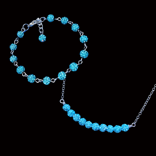 Pave Crystal Bar Necklace Accompanied by a Bracelet, aquamarine blue or custom color