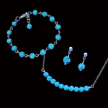 Load image into Gallery viewer, handmade pave crystal bar necklace accompanied by a bracelet and a pair of stud earrings, aquamarine blue or custom color