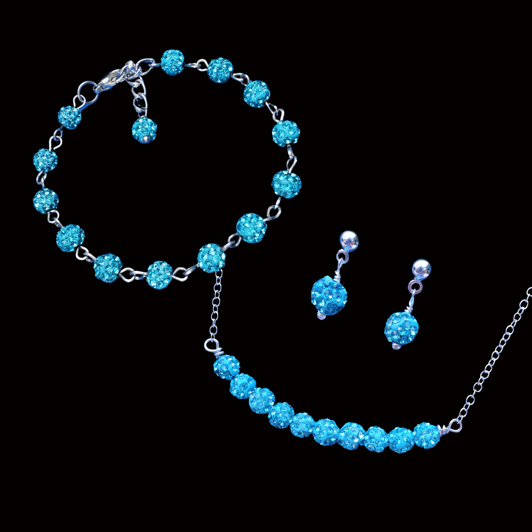 handmade pave crystal bar necklace accompanied by a bracelet and a pair of stud earrings, aquamarine blue or custom color