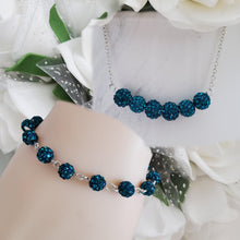 Load image into Gallery viewer, Handmade pave crystal rhinestone bar necklace accompanied by a link bracelet and a pair of drop earrings - blue zircon or custom color - Crystal Jewelry Set - Rhinestone Necklace Set