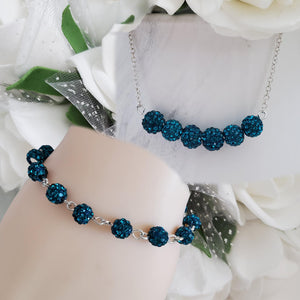 Handmade pave crystal rhinestone bar necklace accompanied by a link bracelet and a pair of drop earrings - blue zircon or custom color - Crystal Jewelry Set - Rhinestone Necklace Set