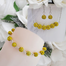 Load image into Gallery viewer, Handmade pave crystal rhinestone bar necklace accompanied by a link bracelet and a pair of drop earrings - citrine or custom color - Crystal Jewelry Set - Rhinestone Necklace Set