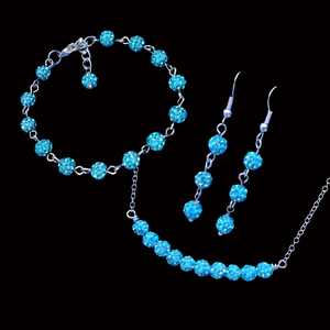 handmade crystal bar necklace accompanied by a bracelet and a pair of drop earrings, aquamarine blue or custom color