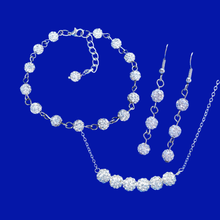 Load image into Gallery viewer, handmade crystal bar necklace accompanied by a bracelet and a pair of drop earrings, silver clear or custom color
