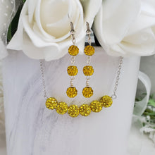 Load image into Gallery viewer, Handmade pave crystal rhinestone bar necklace accompanied by a pair of drop earrings - citrine (yellow) or custom color - Rhinestone Necklace Set-Necklace Set-Necklace Earrings