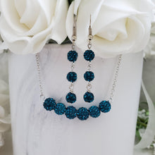 Load image into Gallery viewer, Handmade pave crystal rhinestone bar necklace accompanied by a pair of drop earrings - blue zircon or custom color - Rhinestone Necklace Set-Necklace Set-Necklace Earrings